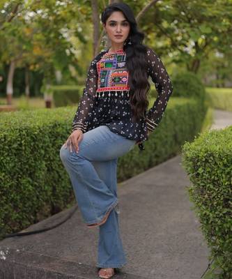 Black georgette readymade navratri top with bandhani & patch work 4
