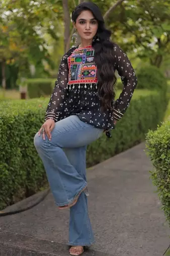 Black georgette readymade navratri top with bandhani & patch work