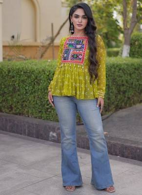 Olive georgette readymade navratri top with bandhani & patch work 1