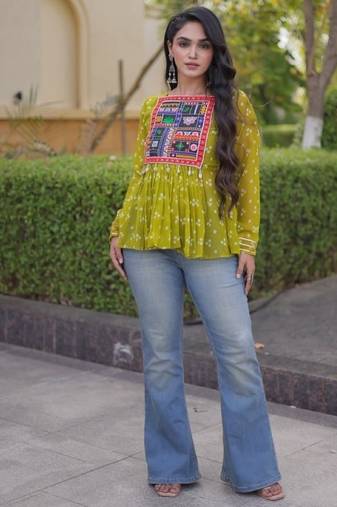 Olive georgette readymade navratri top with bandhani & patch work
