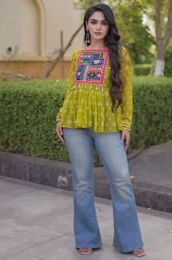 Olive georgette readymade navratri top with bandhani & patch work