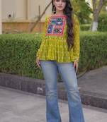 Olive georgette readymade navratri top with bandhani & patch work