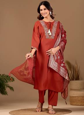 Orange chanderi floral embroidered kurta trouser dupatta set with jacquard dupatta 1