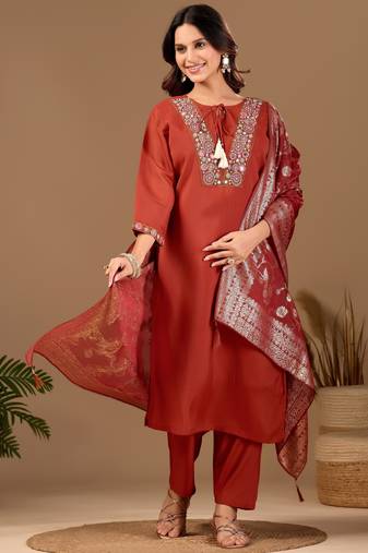 Orange chanderi floral embroidered kurta trouser dupatta set with jacquard dupatta