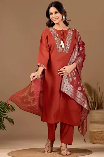 Orange chanderi floral embroidered kurta trouser dupatta set with jacquard dupatta