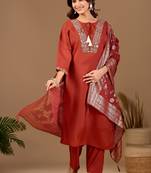 Orange chanderi floral embroidered kurta trouser dupatta set with jacquard dupatta