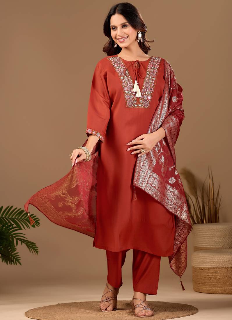 Orange chanderi floral embroidered kurta trouser dupatta set with jacquard dupatta