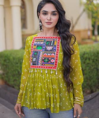 Olive georgette readymade navratri top with bandhani & patch work 2