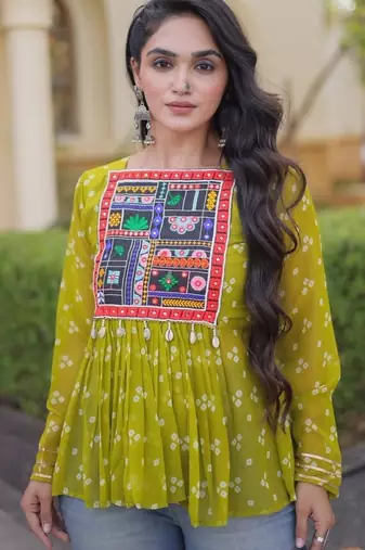 Olive georgette readymade navratri top with bandhani & patch work