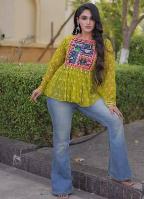 Olive georgette readymade navratri top with bandhani & patch work 3