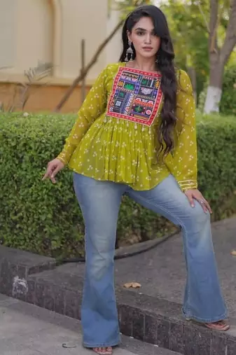 Olive georgette readymade navratri top with bandhani & patch work