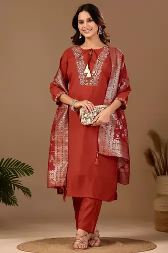 Orange chanderi floral embroidered kurta trouser dupatta set with jacquard dupatta