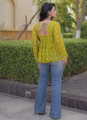 Olive georgette readymade navratri top with bandhani & patch work 4