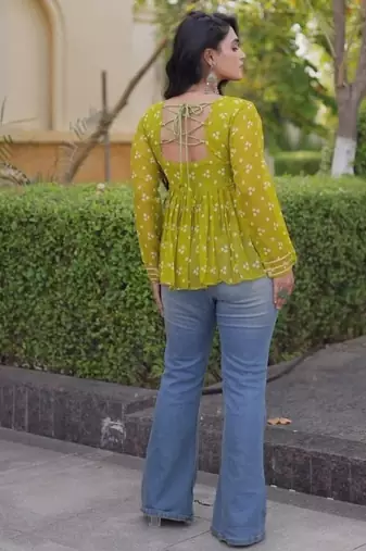 Olive georgette readymade navratri top with bandhani & patch work