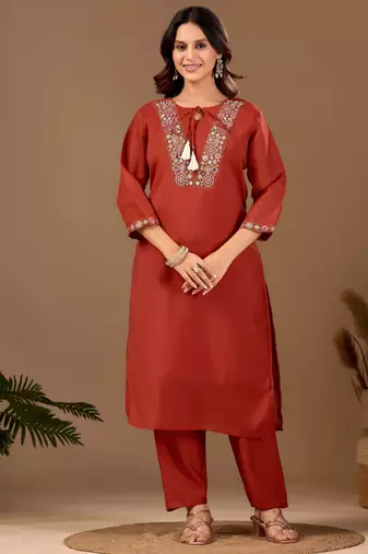 Orange chanderi floral embroidered kurta trouser dupatta set with jacquard dupatta