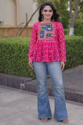 Pink georgette readymade navratri top with bandhani & patch work