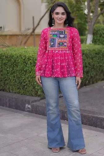 Pink georgette readymade navratri top with bandhani & patch work