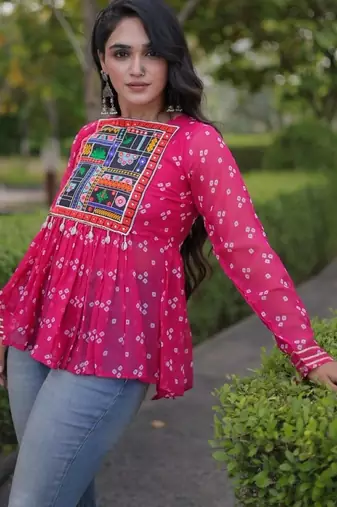 Pink georgette readymade navratri top with bandhani & patch work