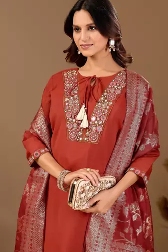 Orange chanderi floral embroidered kurta trouser dupatta set with jacquard dupatta