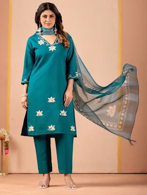 Teal silk floral embroidered kurta trouser dupatta set 1