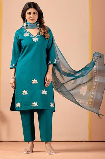 Teal silk floral embroidered kurta trouser dupatta set
