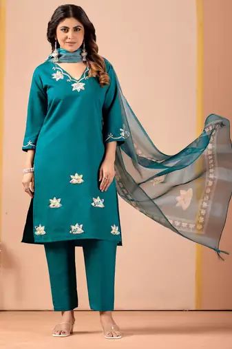Teal silk floral embroidered kurta trouser dupatta set
