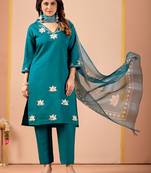 Teal silk floral embroidered kurta trouser dupatta set
