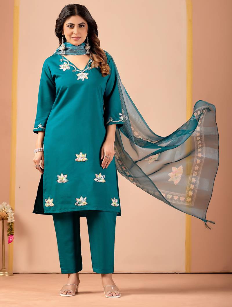 Teal silk floral embroidered kurta trouser dupatta set