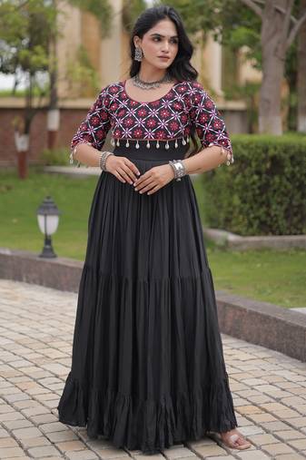 Black cotton readymade anarkali suit with embroidery & mirror work