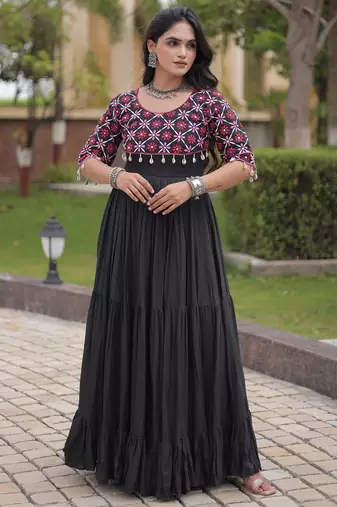 Black cotton readymade anarkali suit with embroidery & mirror work