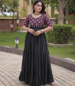 Black cotton readymade anarkali suit with embroidery & mirror work