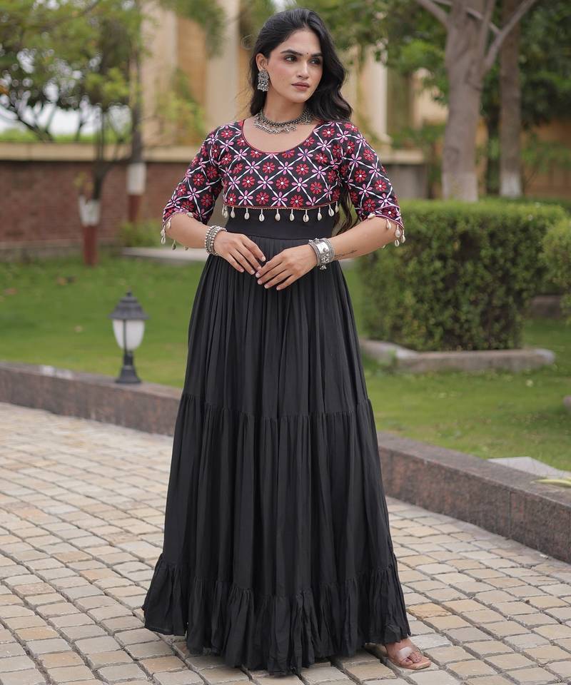 Black cotton readymade anarkali suit with embroidery & mirror work