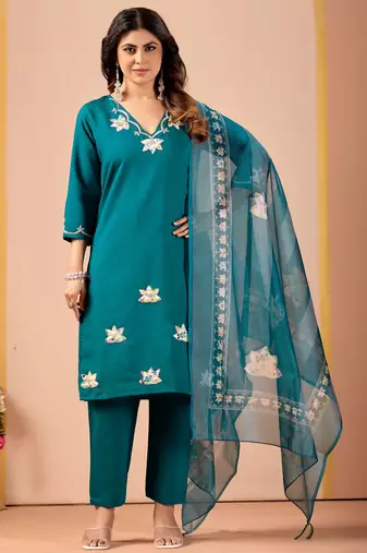 Teal silk floral embroidered kurta trouser dupatta set
