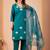 Teal silk floral embroidered kurta trouser dupatta set