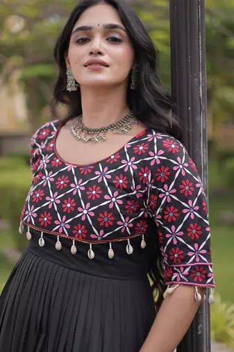 Black cotton readymade anarkali suit with embroidery & mirror work