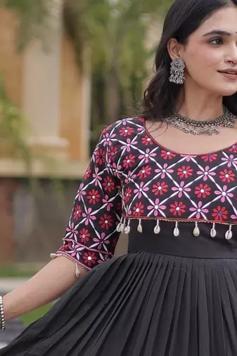 Black cotton readymade anarkali suit with embroidery & mirror work
