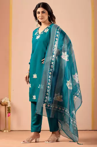 Teal silk floral embroidered kurta trouser dupatta set