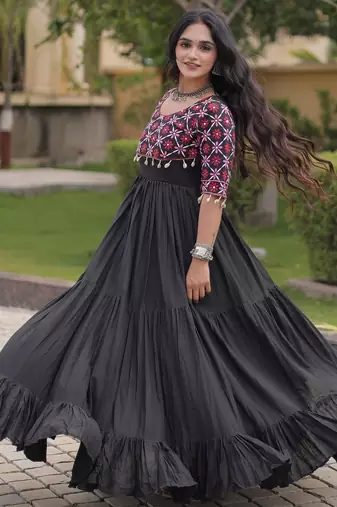 Black cotton readymade anarkali suit with embroidery & mirror work