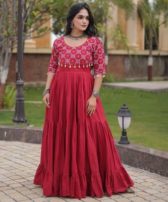 Red cotton readymade anarkali suit with embroidery & mirror work 2