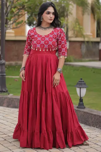 Red cotton readymade anarkali suit with embroidery & mirror work