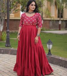 Red cotton readymade anarkali suit with embroidery & mirror work