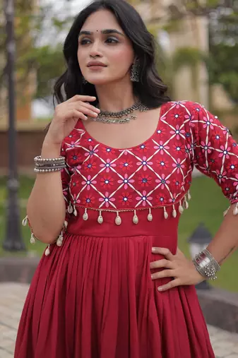 Red cotton readymade anarkali suit with embroidery & mirror work