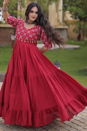 Red cotton readymade anarkali suit with embroidery & mirror work
