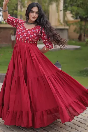 Red cotton readymade anarkali suit with embroidery & mirror work