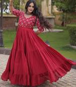 Red cotton readymade anarkali suit with embroidery & mirror work