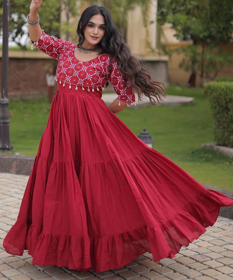 Red cotton readymade anarkali suit with embroidery & mirror work