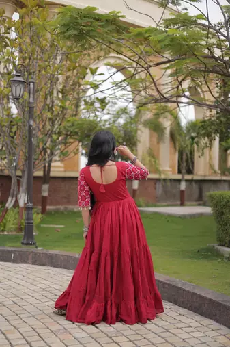 Red cotton readymade anarkali suit with embroidery & mirror work