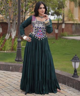 Green cotton readymade anarkali suit with gota patti & lace work 1