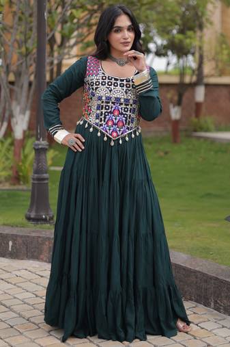 Green cotton readymade anarkali suit with gota patti & lace work