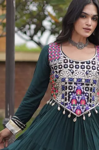Green cotton readymade anarkali suit with gota patti & lace work